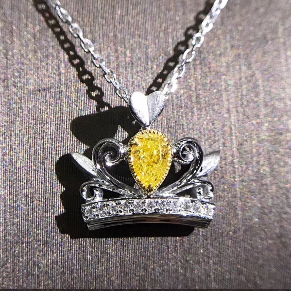 💞 Lovely Crown Shape Yellow Crystal Pur Pear Zircon Silver  UNVN12409
